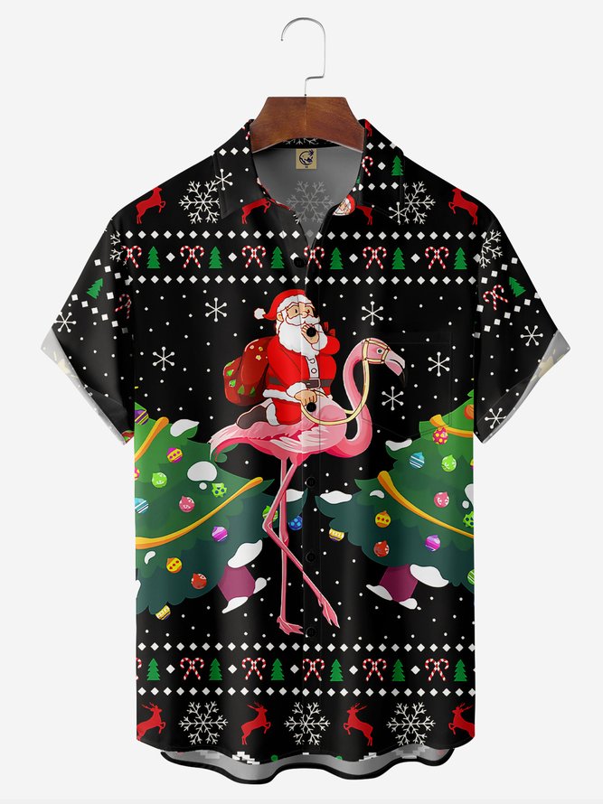 Santa Claus Flamingo Chest Pocket Short Sleeve Casual Shirt