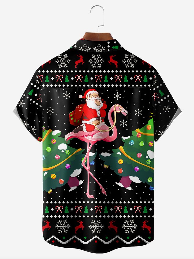 Santa Claus Flamingo Chest Pocket Short Sleeve Casual Shirt