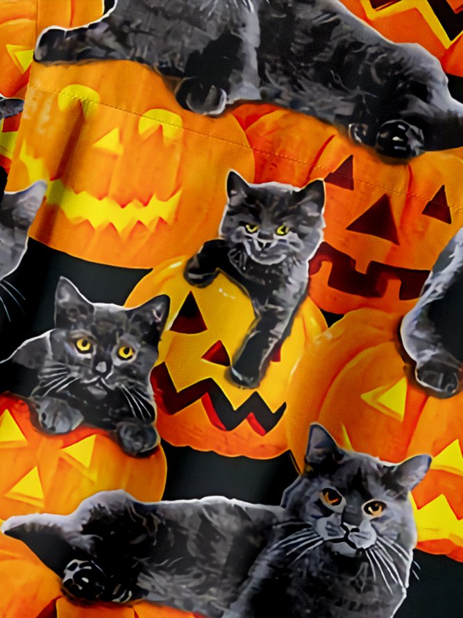 Halloween Pumpkin Cat Chest Pocket Short Sleeve Casual Shirt