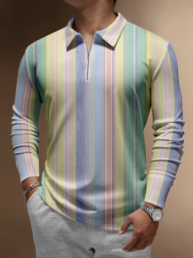 Multicolored Geometric Zip Long Sleeve Casual Polo Shirt
