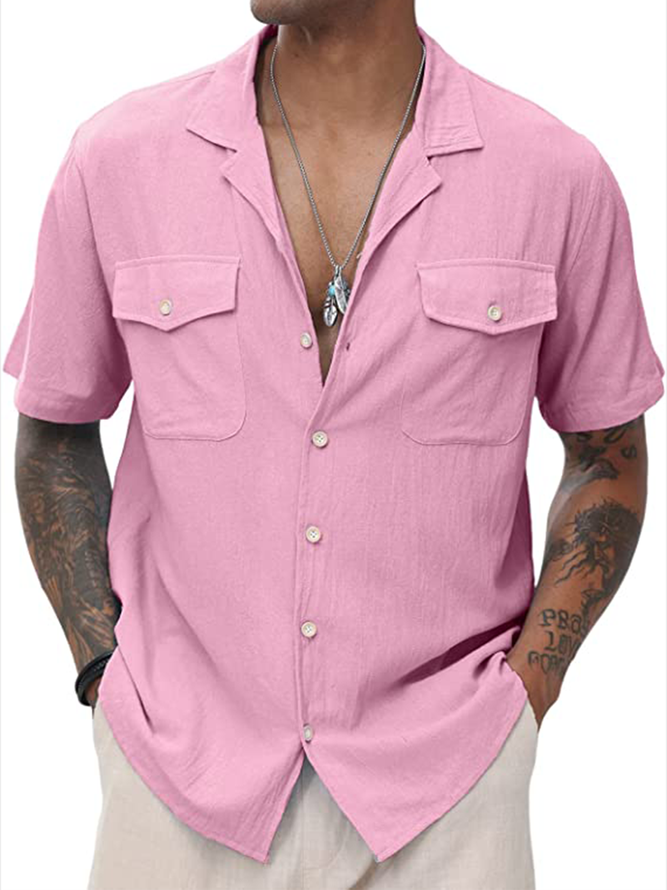 Side view of Men Casual Plain Summer No Elasticity Loose Commuting Short Sleeve Cotton H-Line Aloha Shirts