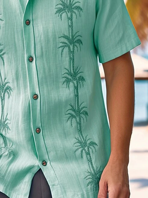 Side view of Casual Summer Coconut Tree Polyester Natural Loose Regular Regular Shirt Collar Guayabera Shirts for Men