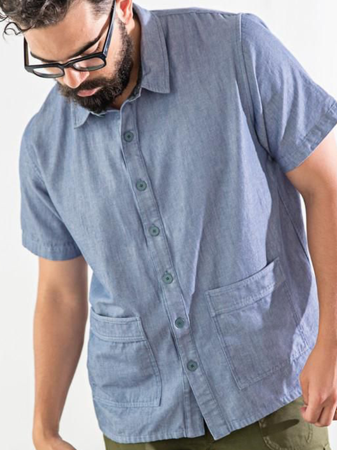 Side view of Men Casual Plain Summer Cotton Natural Moisture Permeability Loose Commuting Regular Aloha Shirts