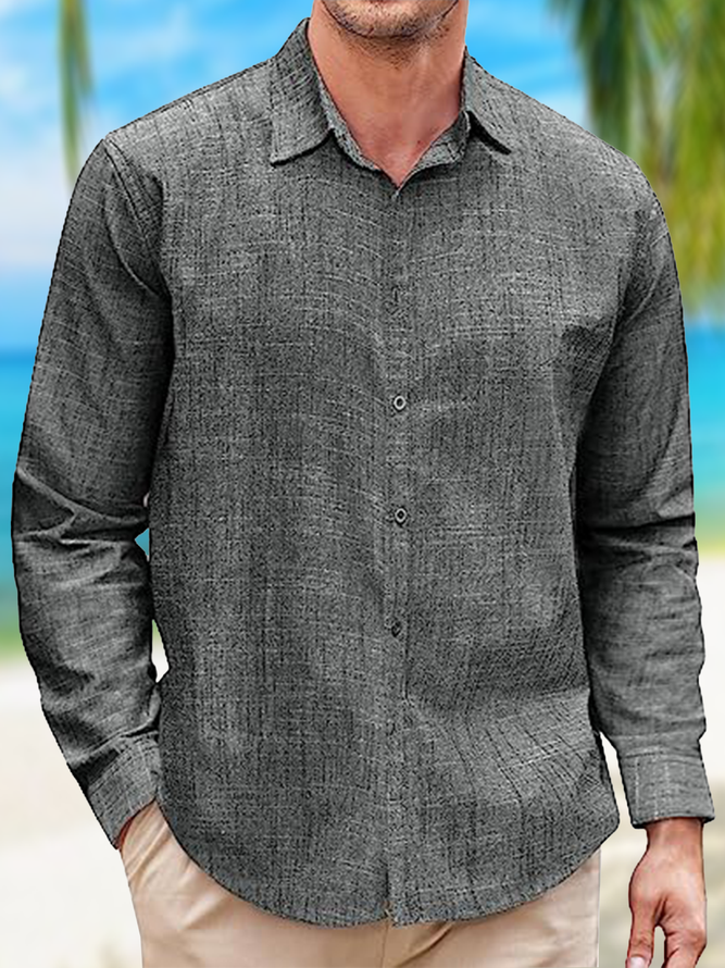Side view of Men Casual Plain Spring/Fall No Elasticity Commuting Loose Long Sleeve Regular Shirt Collar Aloha Shirts