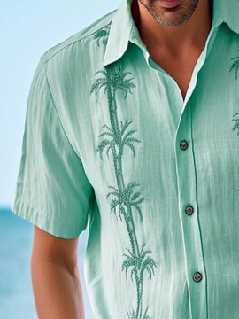 Side view of Casual Summer Coconut Tree Polyester Natural Loose Regular Regular Shirt Collar Guayabera Shirts for Men
