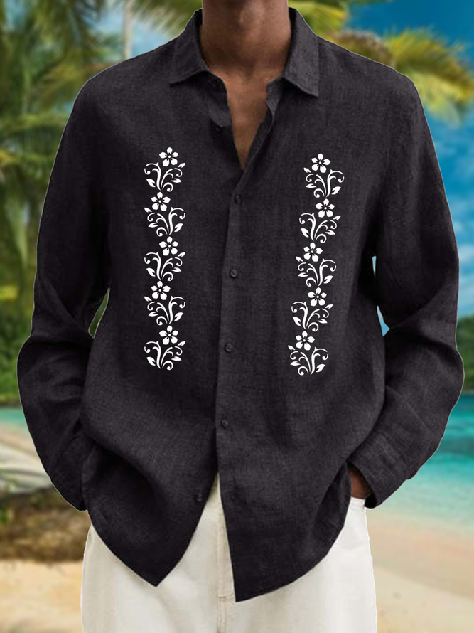Side view of Men Casual Plants Spring/Fall Moisture Permeability Commuting Long Sleeve H-Line Regular Shirt Collar Aloha Shirts