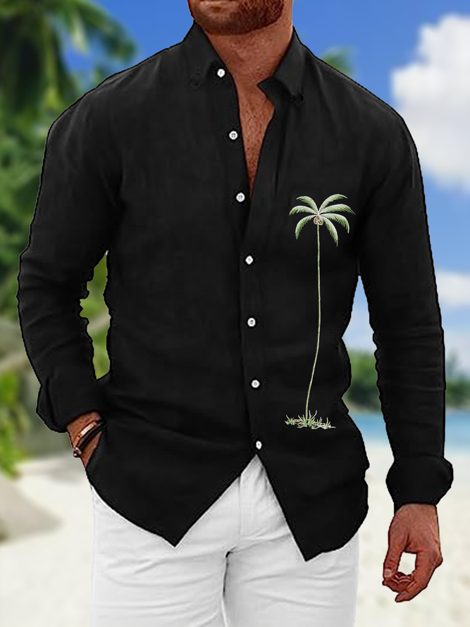 Side view of Men Casual Spring/Fall Coconut Tree Breathable Commuting Long Sleeve Cotton Regular Shirt Collar Aloha Shirts