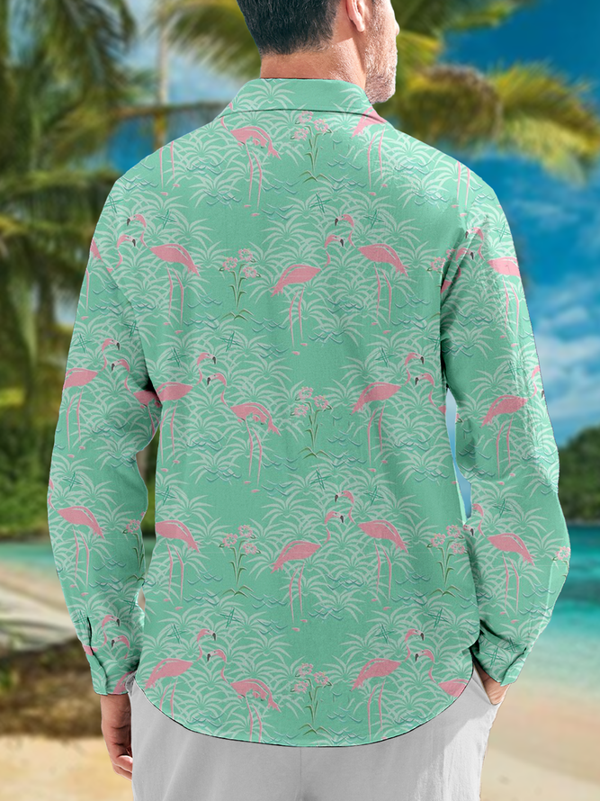 Side view of Casual Spring/Fall Coconut Tree Natural Loose Commuting Regular H-Line Regular Aloha Shirts for Men