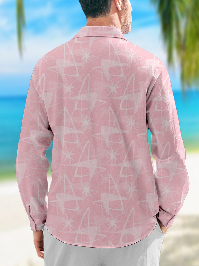 Side view of Men Abstract Casual Spring/Fall Polyester Natural No Elasticity Loose Long Sleeve Regular Aloha Shirts