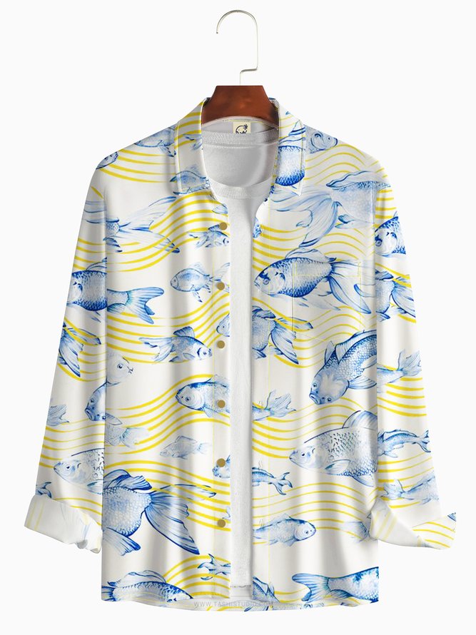 Side view of Men Spring/Fall Fish Vacation No Elasticity Commuting Loose Long Sleeve H-Line Shirt Collar Aloha Shirts