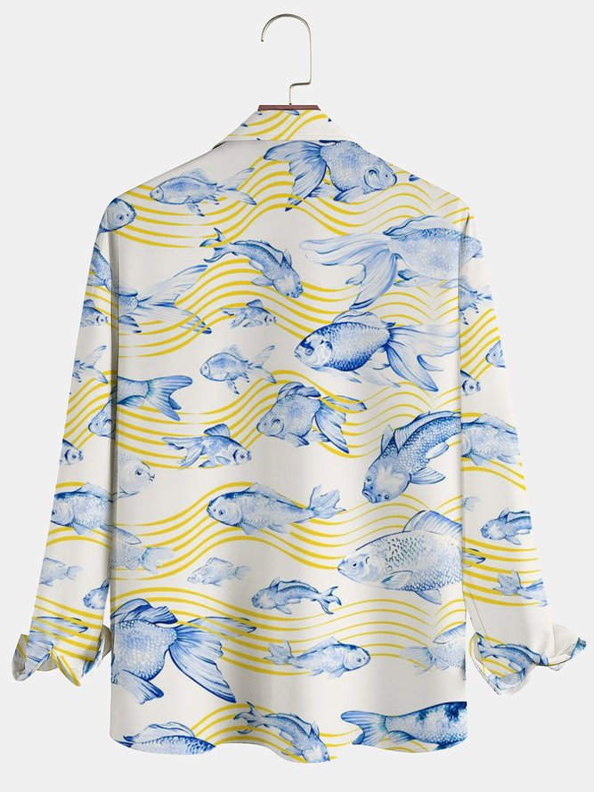 Side view of Men Spring/Fall Fish Vacation No Elasticity Commuting Loose Long Sleeve H-Line Shirt Collar Aloha Shirts