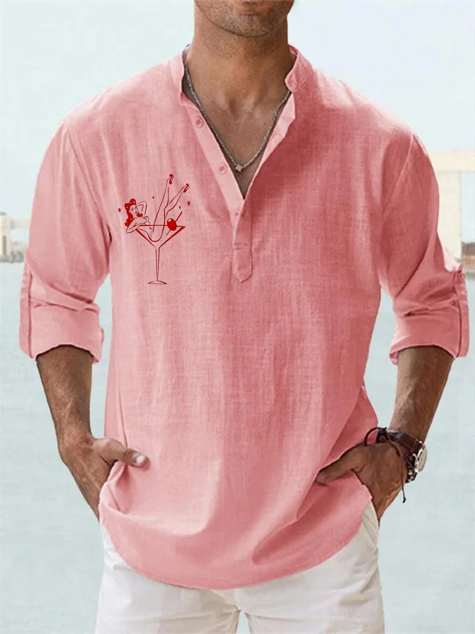 Side view of Men Casual Spring/Fall Hula Girl Stand Collar Natural Breathable Loose Commuting Cotton Aloha Shirts