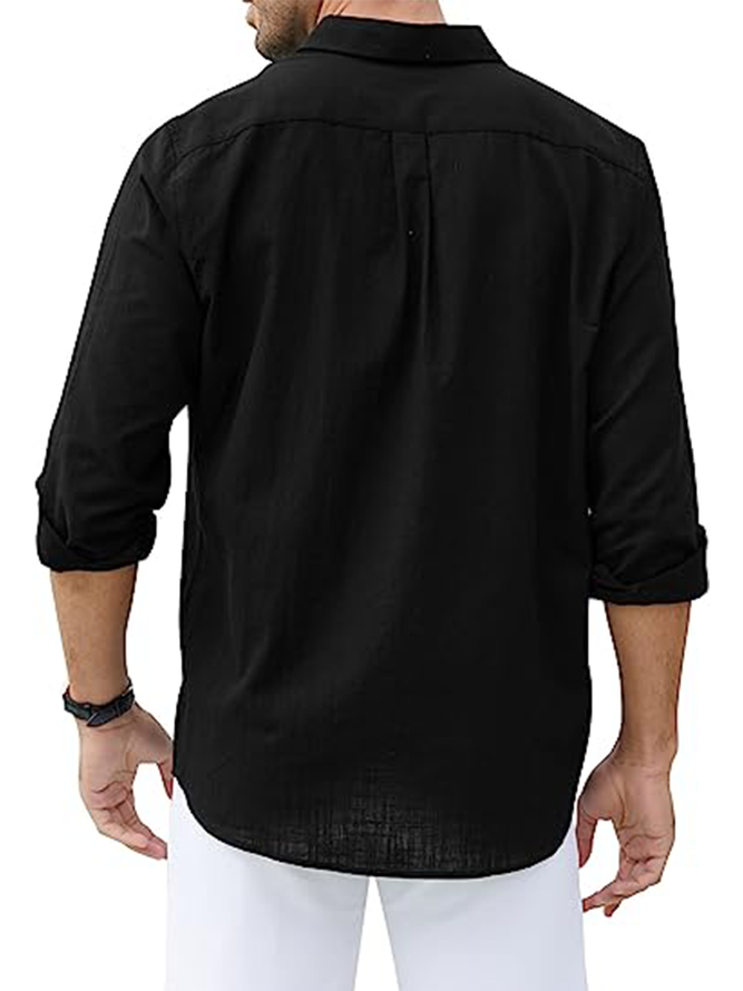 Side view of Casual Plain Spring/Fall Natural No Elasticity Commuting Long Sleeve Cotton Shirt Collar Aloha Shirts for Men