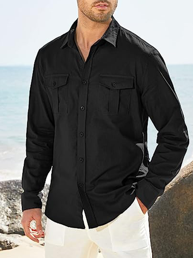 Side view of Casual Plain Spring/Fall Natural No Elasticity Commuting Long Sleeve Cotton Shirt Collar Aloha Shirts for Men