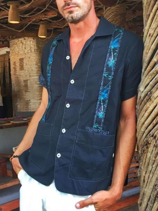 Side view of Men Casual Summer Plants No Elasticity Breathable Loose Commuting Cotton Regular Guayabera Shirts