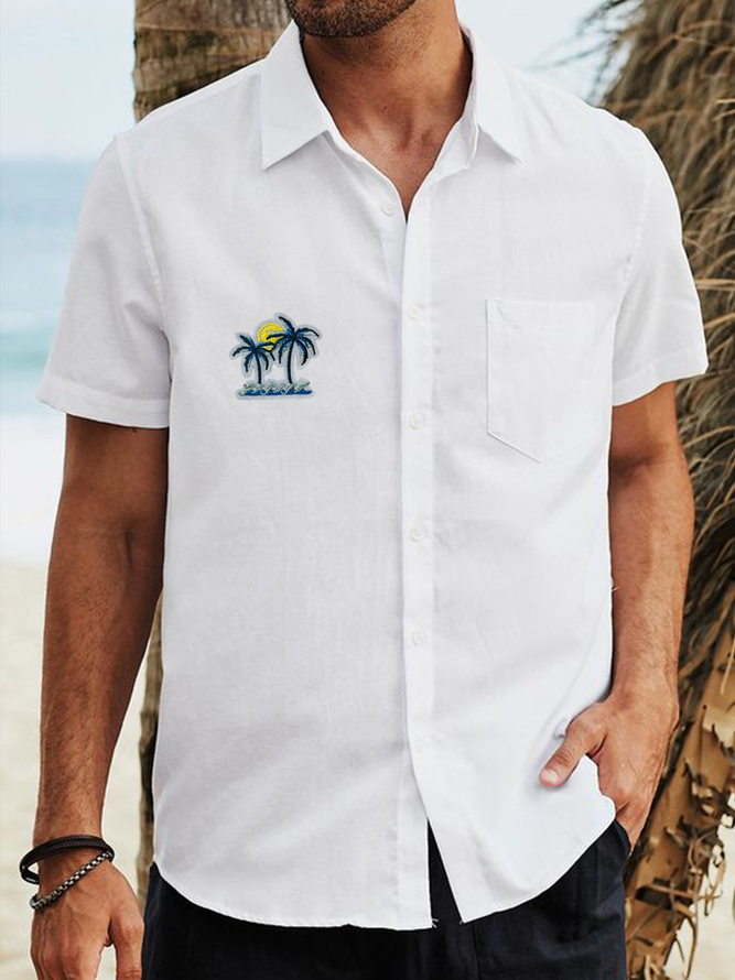 Side view of Men Casual Summer Coconut Tree Natural No Elasticity Loose Short Sleeve Regular Regular Aloha Shirts