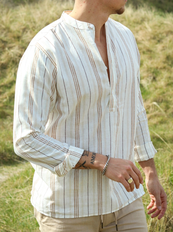Side view of Men Striped Casual Spring/Fall Natural No Elasticity Commuting Long Sleeve H-Line Regular Aloha Shirts