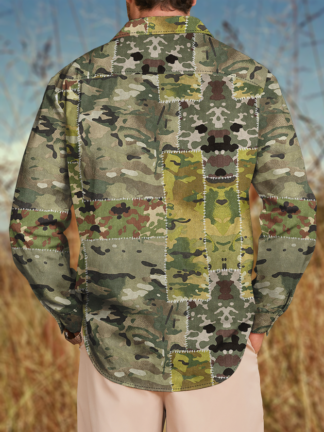 Side view of Men Casual Spring/Fall Camo Polyester Natural Loose Commuting H-Line Regular Aloha Shirts