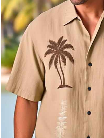 Side view of Men Casual Summer Coconut Tree Polyester No Elasticity Loose Short Sleeve Regular Shirt Collar Aloha Shirts