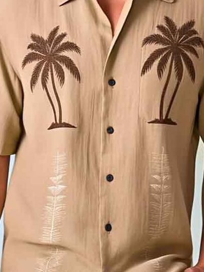 Side view of Men Casual Summer Coconut Tree Polyester No Elasticity Loose Short Sleeve Regular Shirt Collar Aloha Shirts