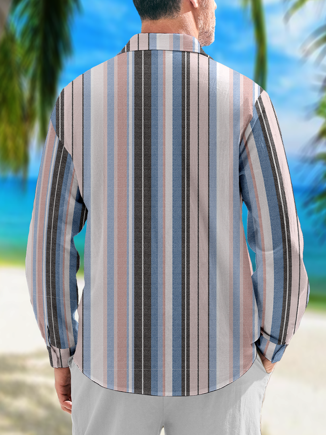 Side view of Men Striped Casual Spring/Fall Polyester Natural Commuting Long Sleeve H-Line Regular Aloha Shirts
