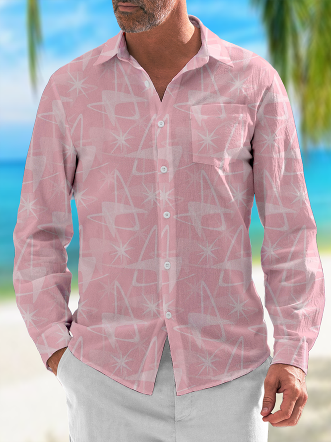 Side view of Men Abstract Casual Spring/Fall Polyester Natural No Elasticity Loose Long Sleeve Regular Aloha Shirts