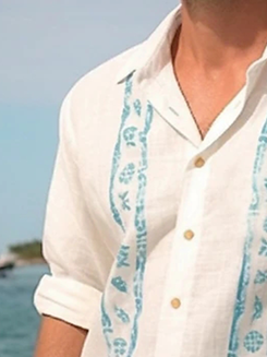 Side view of Marine Life Casual Spring/Fall No Elasticity Loose Regular H-Line Regular Shirt Collar Guayabera Shirts for Men