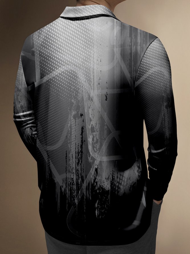 Abstract Geometric Zipper Long Sleeves Casual Polo Shirt