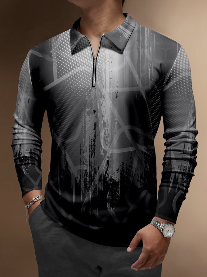 Abstract Geometric Zipper Long Sleeves Casual Polo Shirt