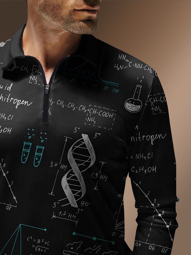 Chemistry Symbol Equation Zipper Long Sleeve Casual Polo Shirt