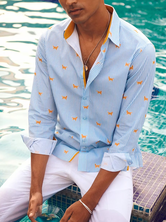 Side view of Men Color Block Casual Spring/Fall Polyester Natural Commuting Long Sleeve H-Line Regular Aloha Shirts