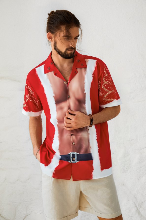 Mens 3D Novelty New Santa Print Casual Short Sleeve Shirt