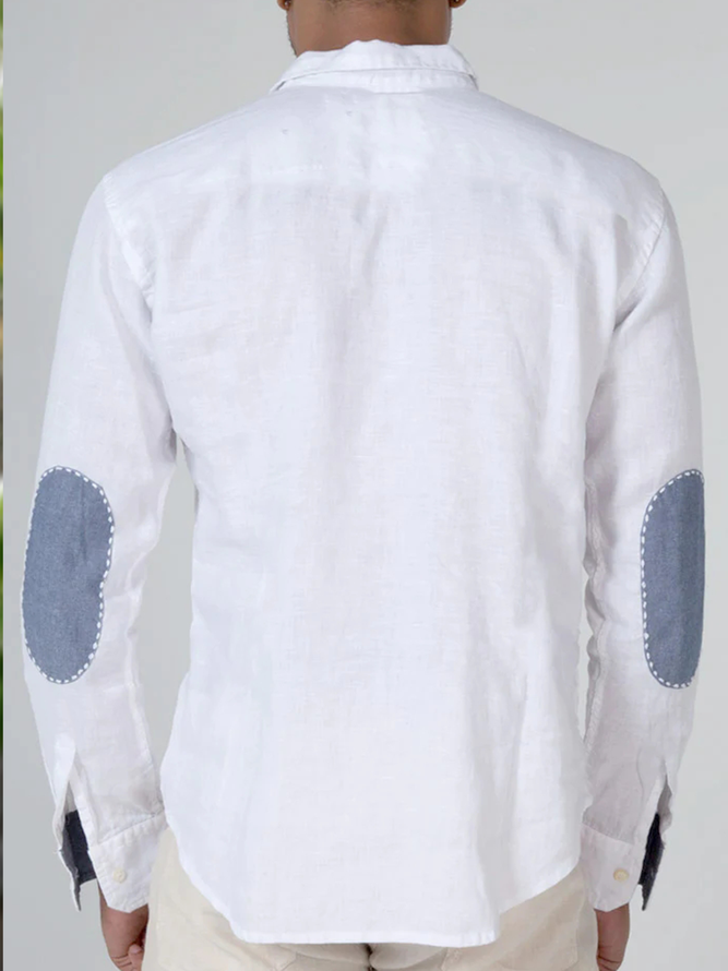 Side view of Men Casual Contrast Stitching Spring/Fall No Elasticity Household Loose Long Sleeve Regular Shirt Collar Aloha Shirts