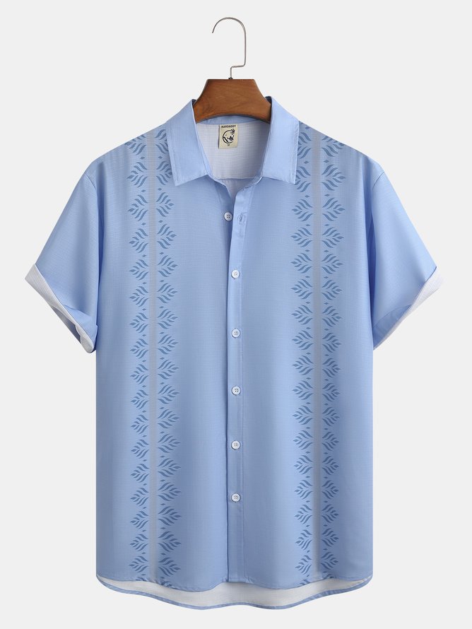Side view of Men Striped Casual Summer Natural Household Short Sleeve Regular H-Line Plus Size Aloha Shirts