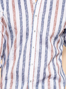Side view of Men Striped Casual Spring/Fall Polyester Natural Long Sleeve Regular H-Line Regular Aloha Shirts