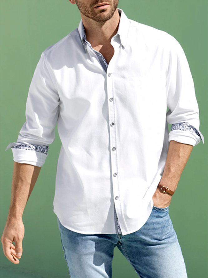 Side view of Men Casual Plain Spring/Fall Natural No Elasticity Long Sleeve Cotton Regular Regular Aloha Shirts
