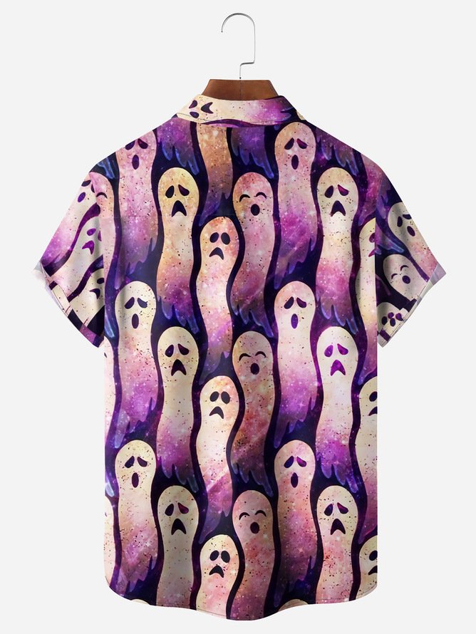 Side view of Men Casual Summer Halloween Polyester Oversize Regular Shirt Collar Plus Size Pocket Stitching Aloha Shirts