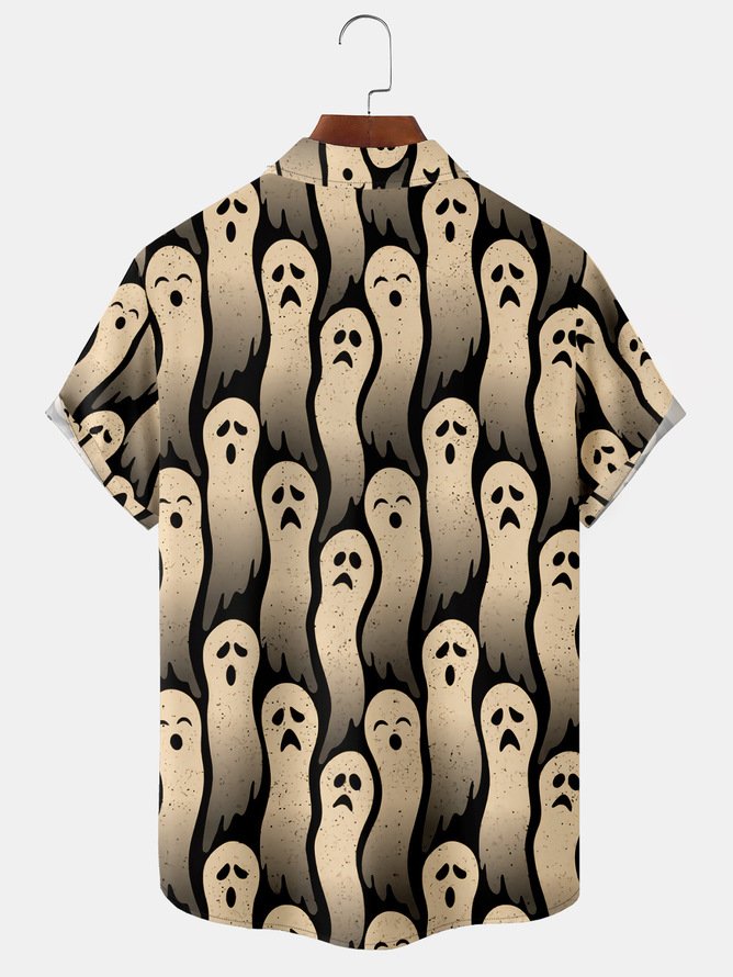 Side view of Men Casual Summer Halloween Polyester Lightweight Micro-Elasticity Oversize Regular Pocket Stitching Aloha Shirts