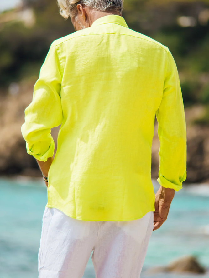 Side view of Men Casual Plain Spring/Fall Natural No Elasticity Loose Long Sleeve Cotton H-Line Aloha Shirts