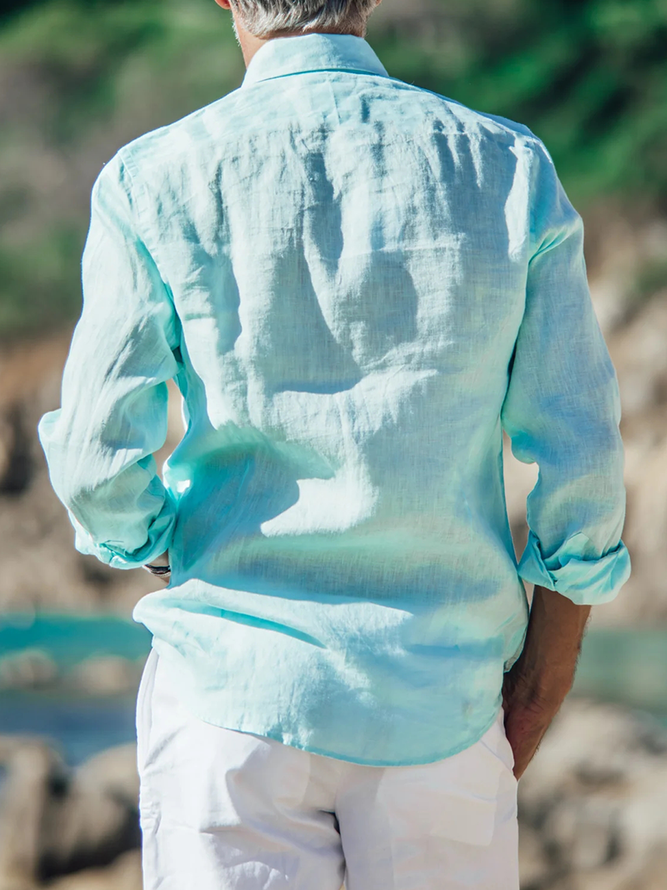 Side view of Men Casual Plain Spring/Fall Natural Moisture Permeability Loose Long Sleeve Regular Shirt Collar Aloha Shirts