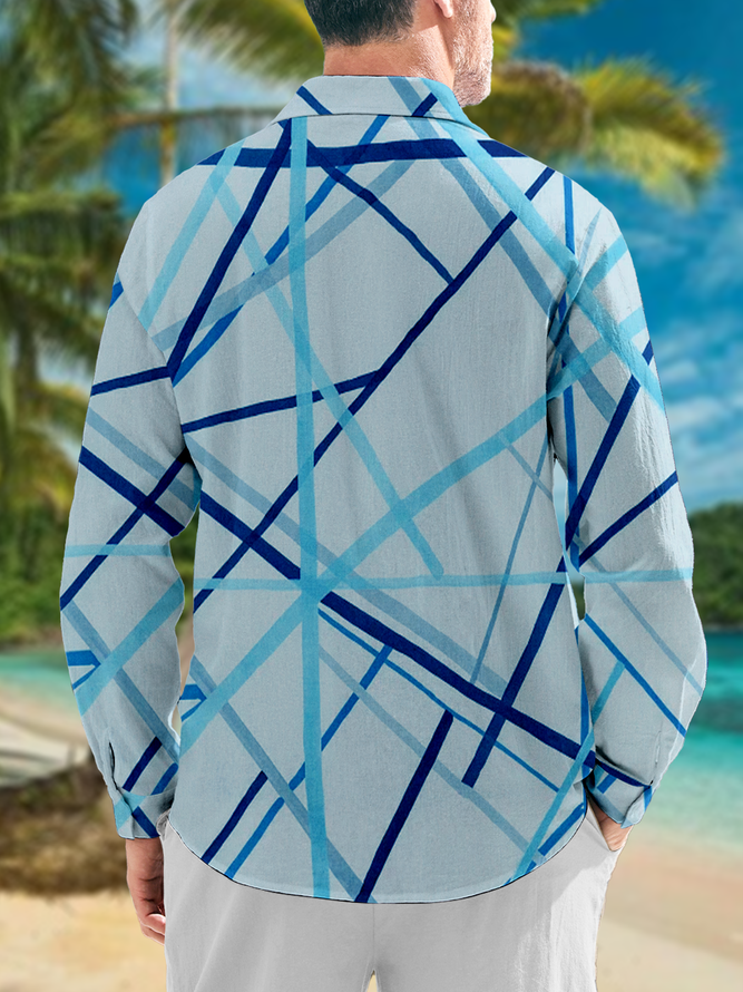 Side view of Men Striped Casual Spring/Fall Polyester Natural Household Loose Long Sleeve Regular Aloha Shirts