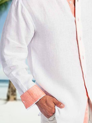 Side view of Men Casual Contrast Stitching Spring/Fall Cotton No Elasticity Breathable Household Loose Regular Aloha Shirts