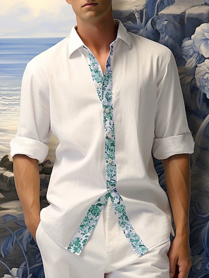 Side view of Casual Botanical Pattern Spring/Fall Breathable Loose Long Sleeve Regular Shirt Collar Pocket Stitching Aloha Shirts for Men