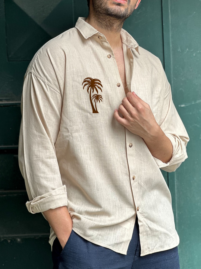 Side view of Men Casual Spring/Fall Coconut Tree Natural Daily Loose Regular Regular Shirt Collar Aloha Shirts