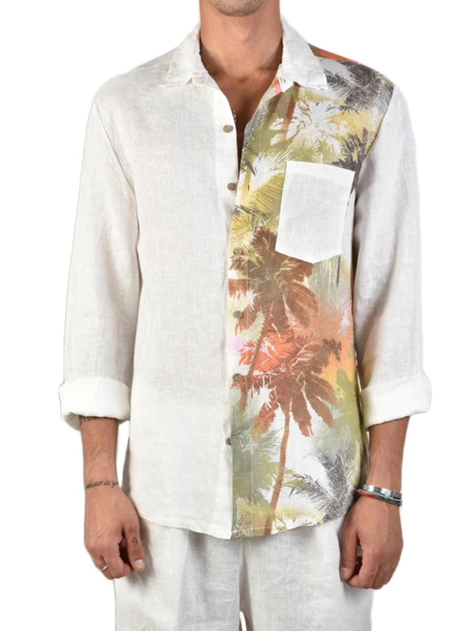 Side view of Men Casual Plain Spring/Fall Natural Party Loose Long Sleeve Regular H-Line Aloha Shirts