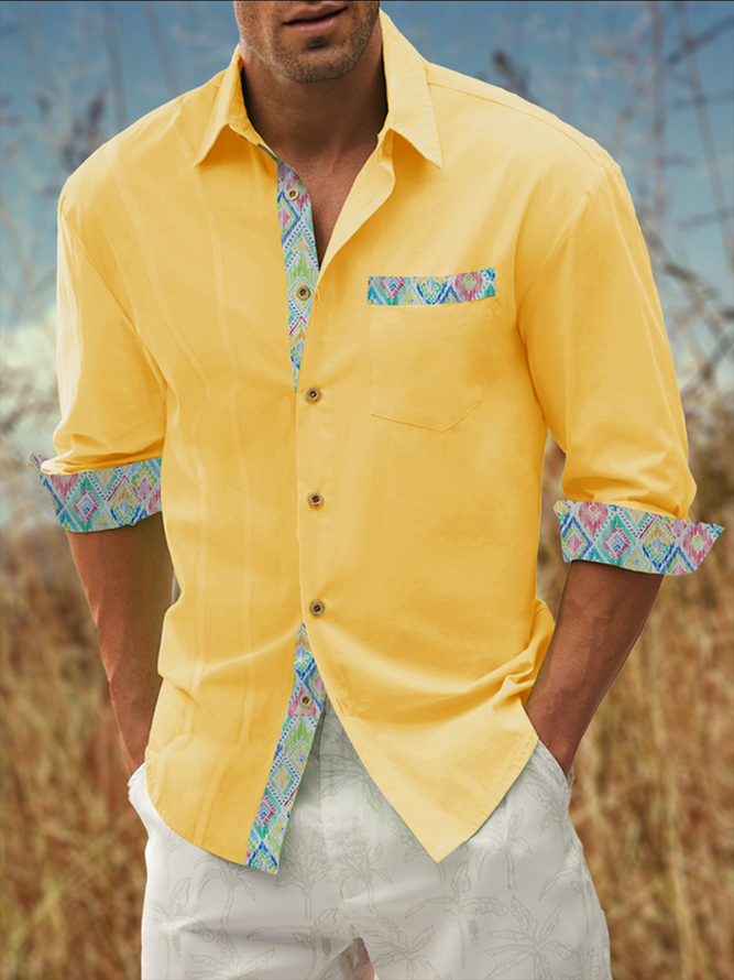 Side view of Men Ethnic Casual Spring/Fall No Elasticity Loose Long Sleeve Cotton H-Line Regular Aloha Shirts