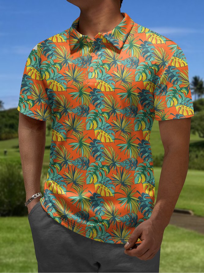 Summer Leaf Vacation Polyester Micro-Elasticity Breathable Vacation Regular Fit Shawl Collar Golf Polo for Men-image-16719896
