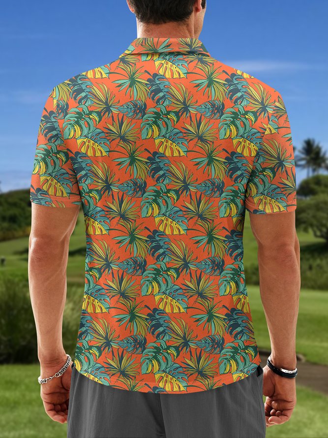 Side view of Summer Leaf Vacation Polyester Micro-Elasticity Breathable Vacation Regular Fit Shawl Collar Golf Polo for Men