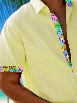 Side view of Casual Contrast Stitching Summer No Elasticity Moisture Permeability Household H-Line Regular Pocket Stitching Aloha Shirts for Men