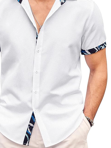 Side view of Men Plain Casual Summer Cotton Natural Breathable Daily Short Sleeve Regular Aloha Shirts